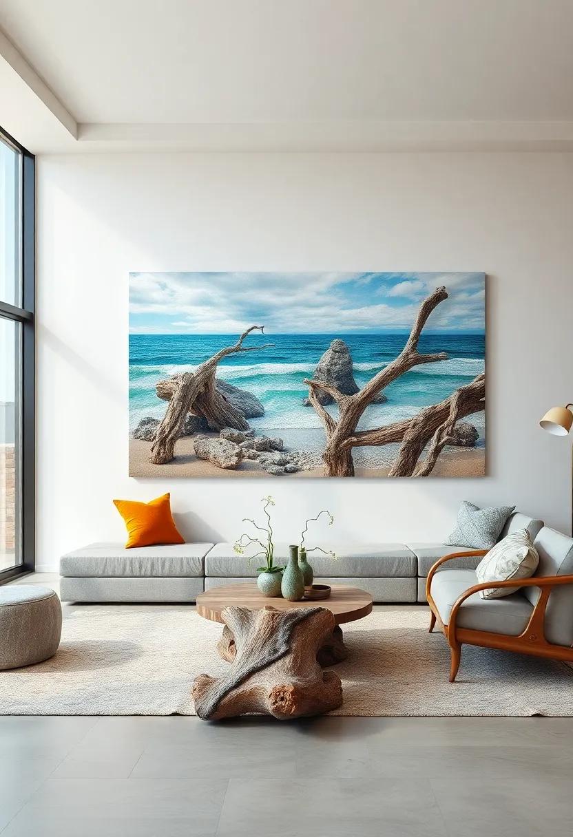 Driftwood Sculptures​ on Windswept Shores: Organic art pieces crafted by nature’s hand and time