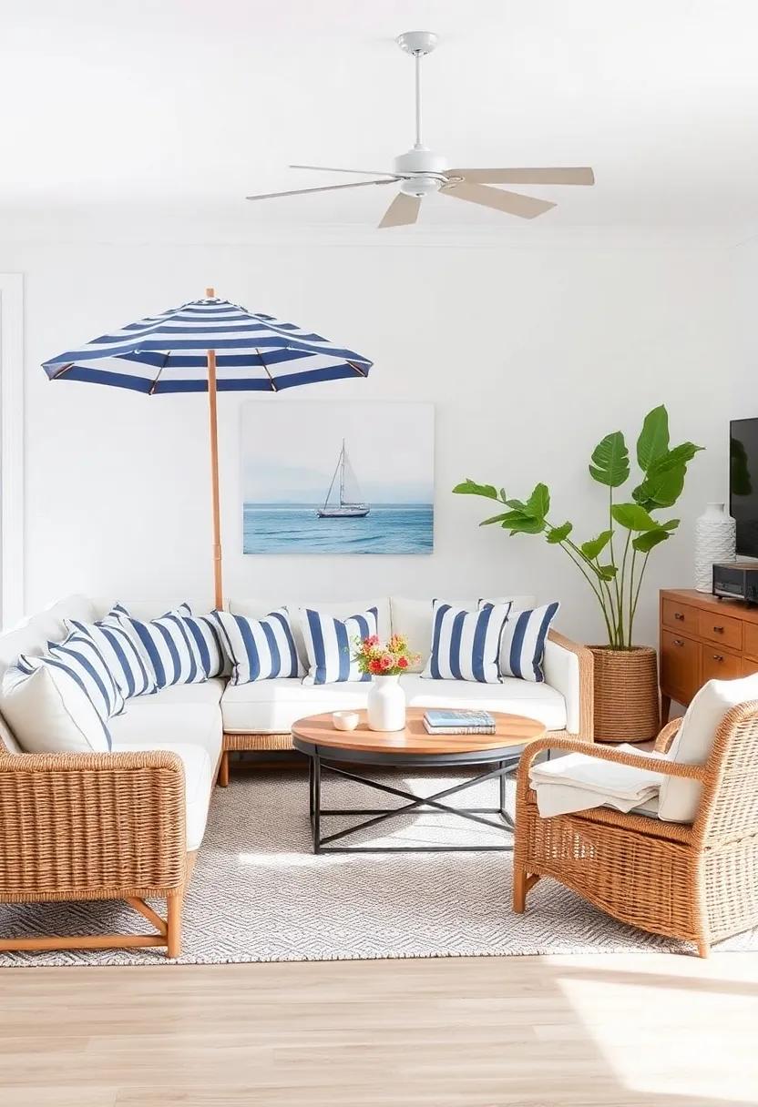 Nautical Textiles: Incorporate striped ‌or⁣ patterned cushions and throws that mimic the look of sailboats and beach ⁢umbrellas
