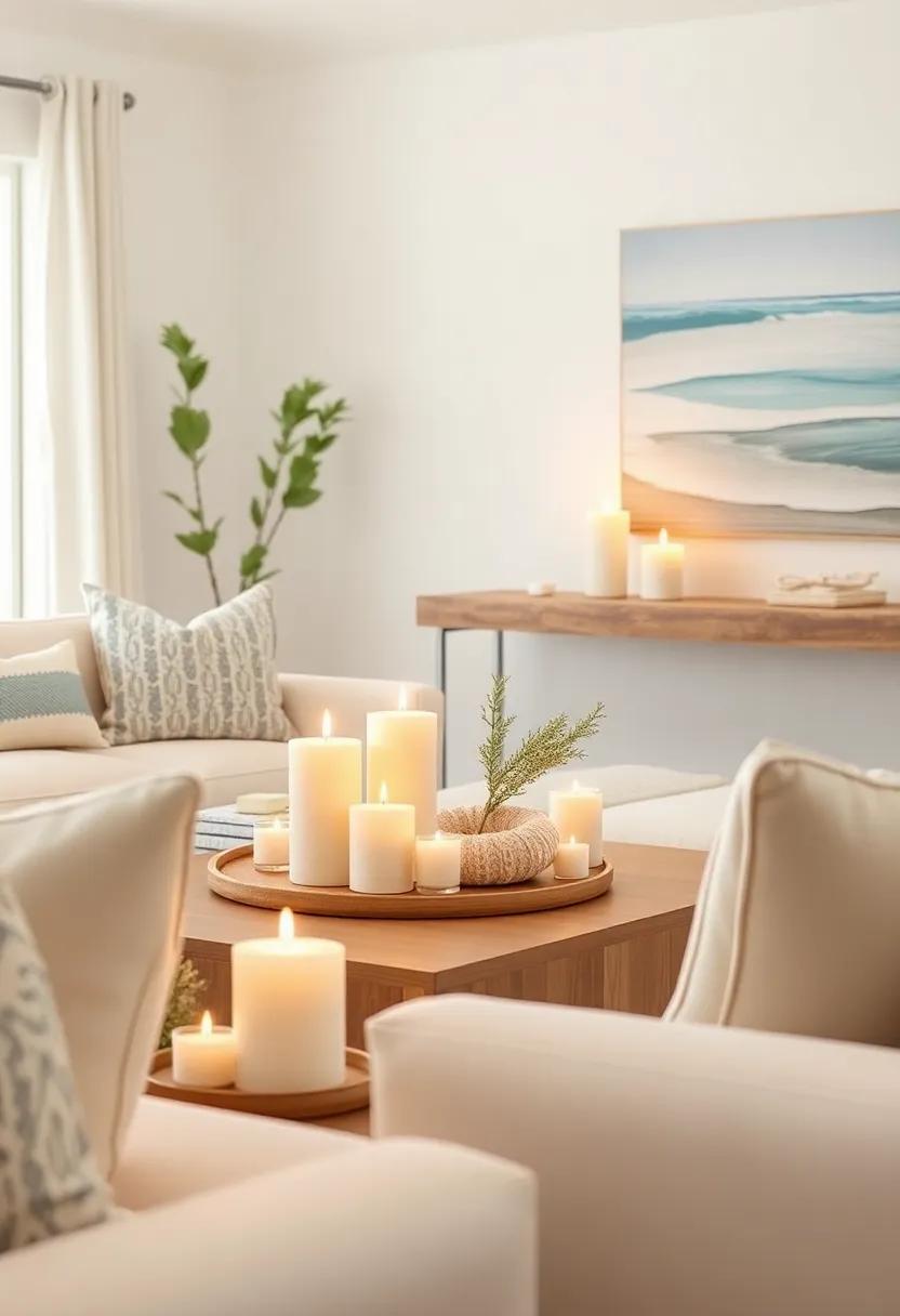 Ocean-Inspired Candles: Scatter candles⁢ in ocean scents like sea salt or coconut to evoke​ the calming⁤ ambiance of a beach getaway