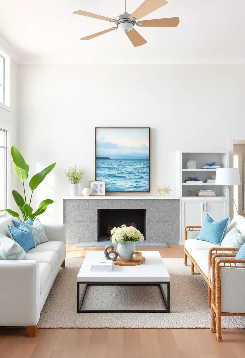 Statement Focal ​Point: Create ⁣a striking focal point with a large art‍ piece or a beautifully styled⁤ bookshelf displaying coastal treasures
