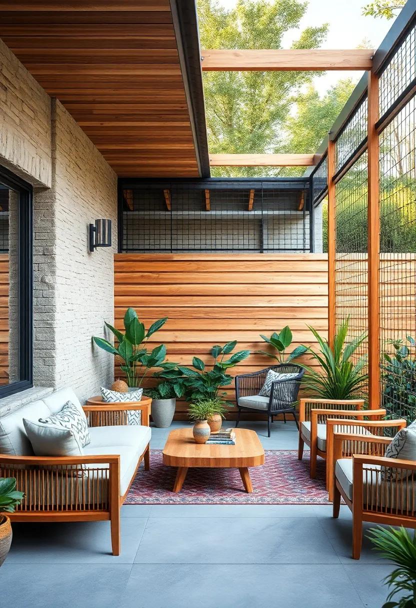 Blending Warm Natural Wood Textures with Sleek ​Modern​ Wire Mesh⁣ for Contemporary Outdoor Fencing