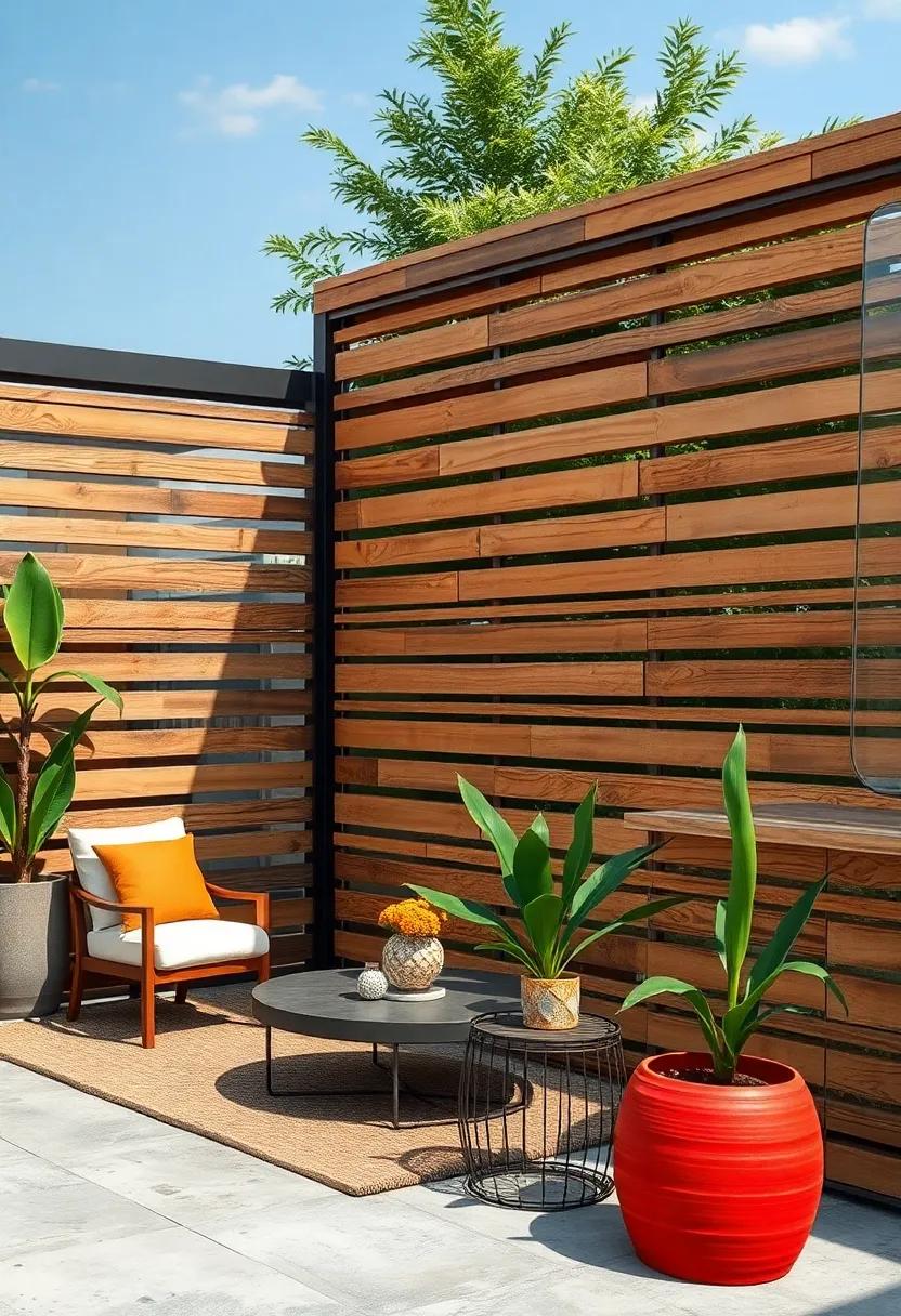 Layered Wood Slats​ Interwoven with Thin Metallic Wires Forming Geometric patterns in Fence construction