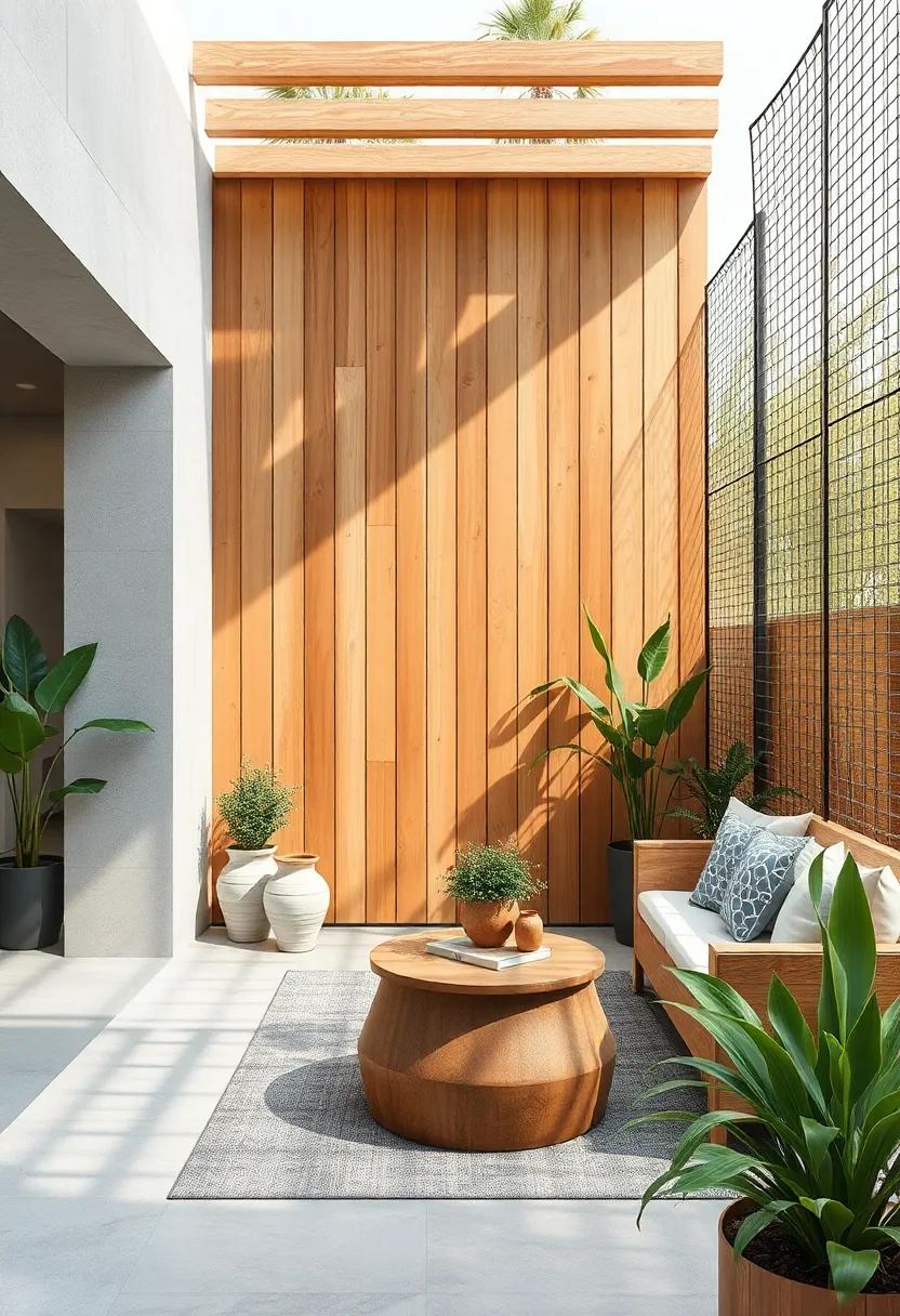 Soft Curves of Polished⁢ Timber Paired⁤ with Angular‍ Wire Mesh for Unique Artistic Outdoor Enclosures