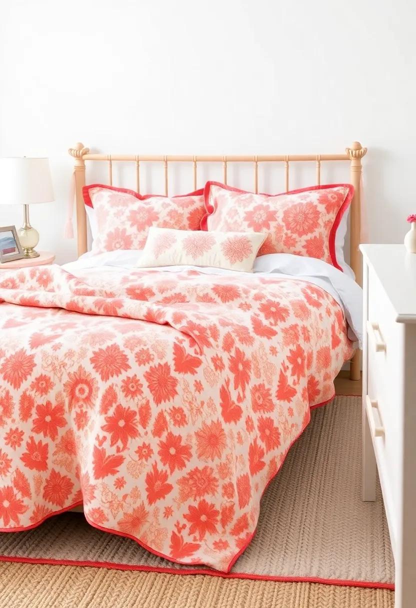 Coral and White Bedding: Opt for a mix of coral and white patterned⁢ bedding that ties together ‌the room's color scheme effortlessly