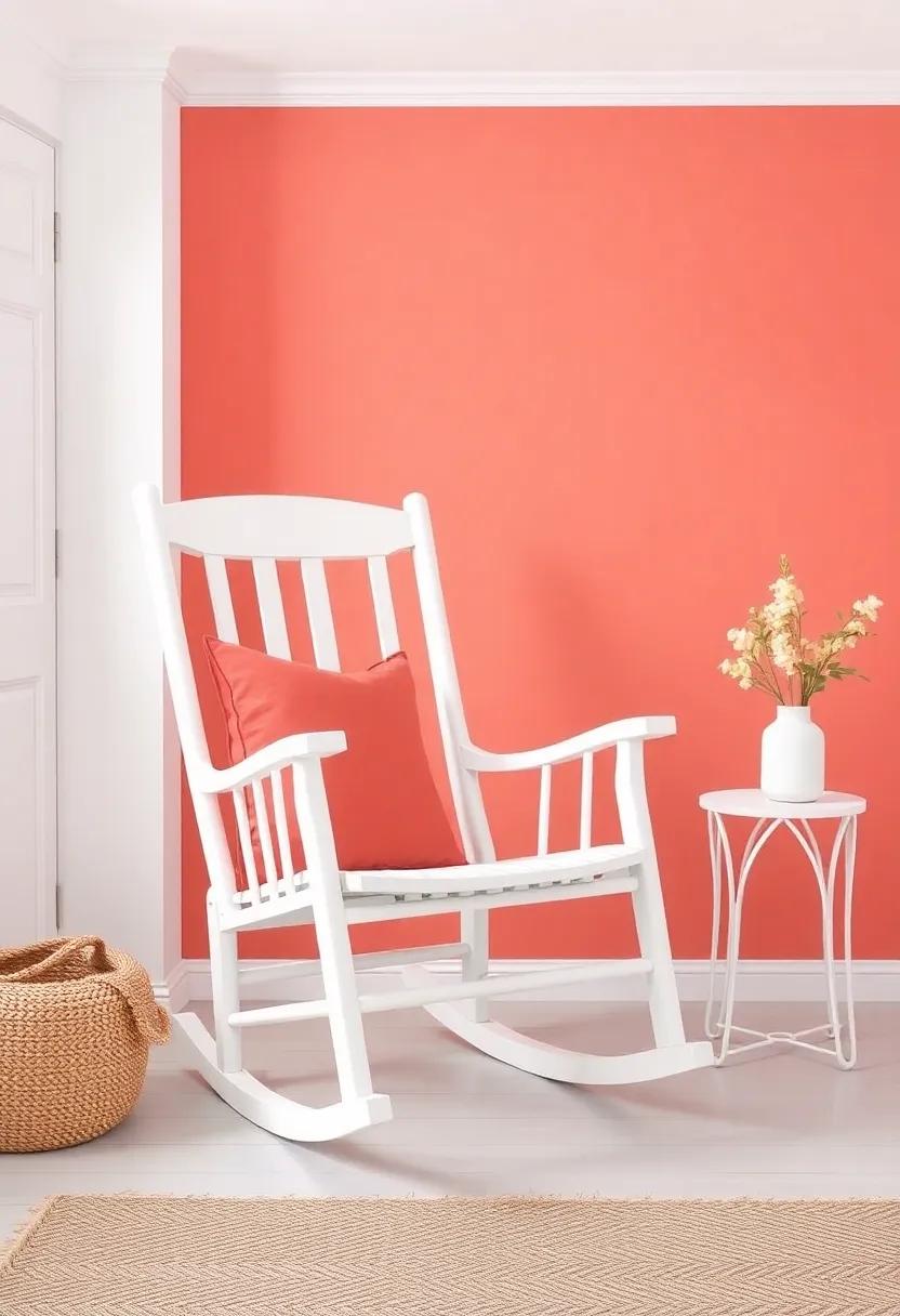 Coral and White Rocking Chair: Invest in a classic rocking ⁢chair in white with coral cushions for timeless comfort and style