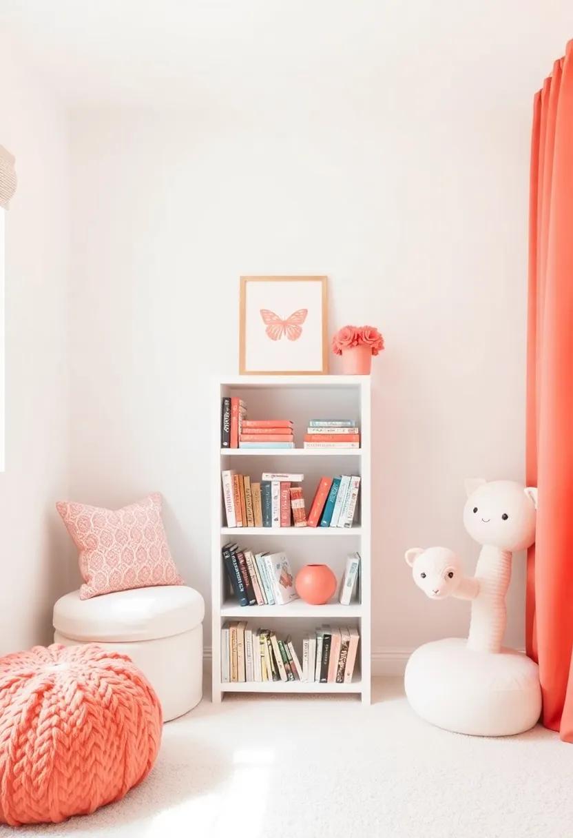 coral Book Nook: Create a ‍cozy reading⁣ corner with‍ a small⁤ bookshelf in white surrounded⁢ by coral ⁣accents for⁢ your little one's favorite stories
