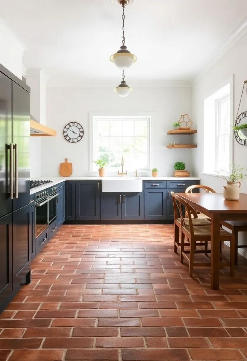 Exposed Brick: Incorporate an exposed brick floor for a sturdy, earthy underfoot that brings a touch of country elegance