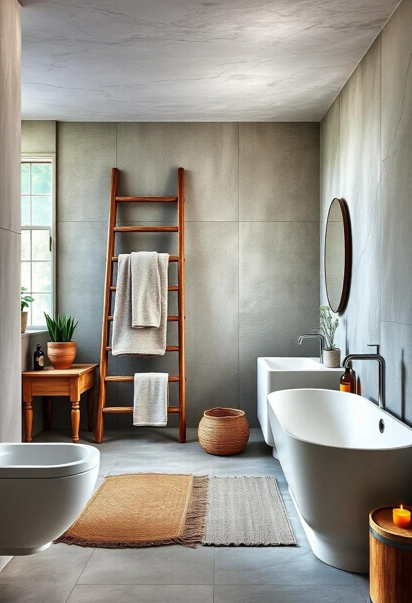 Incorporate a distressed wooden ladder as a towel or blanket rack in modern bathrooms