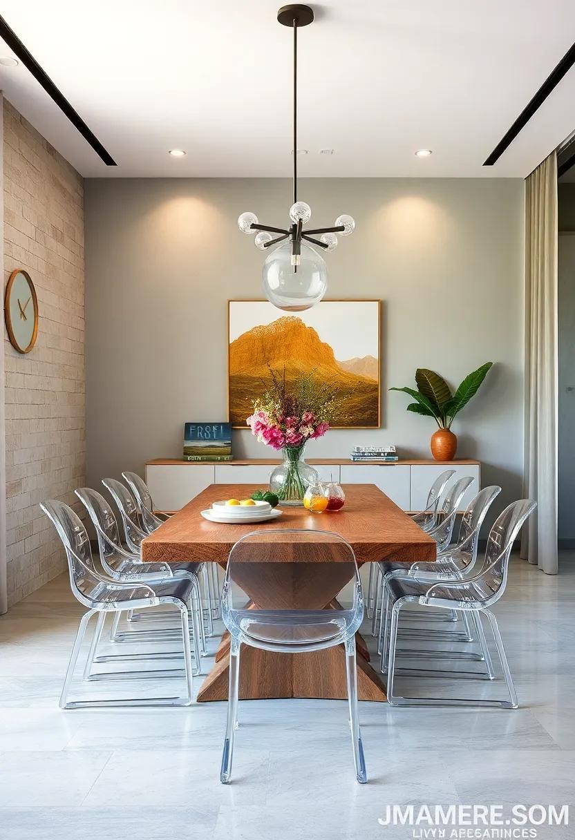 Contrast a rough-hewn ⁢wooden dining table with modern, transparent acrylic chairs