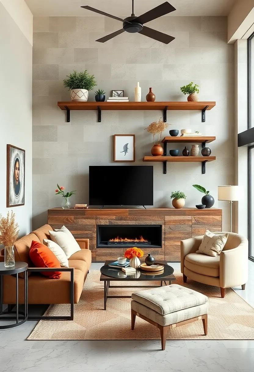 Incorporate asymmetrical shelving made from‍ reclaimed wood and metal brackets
