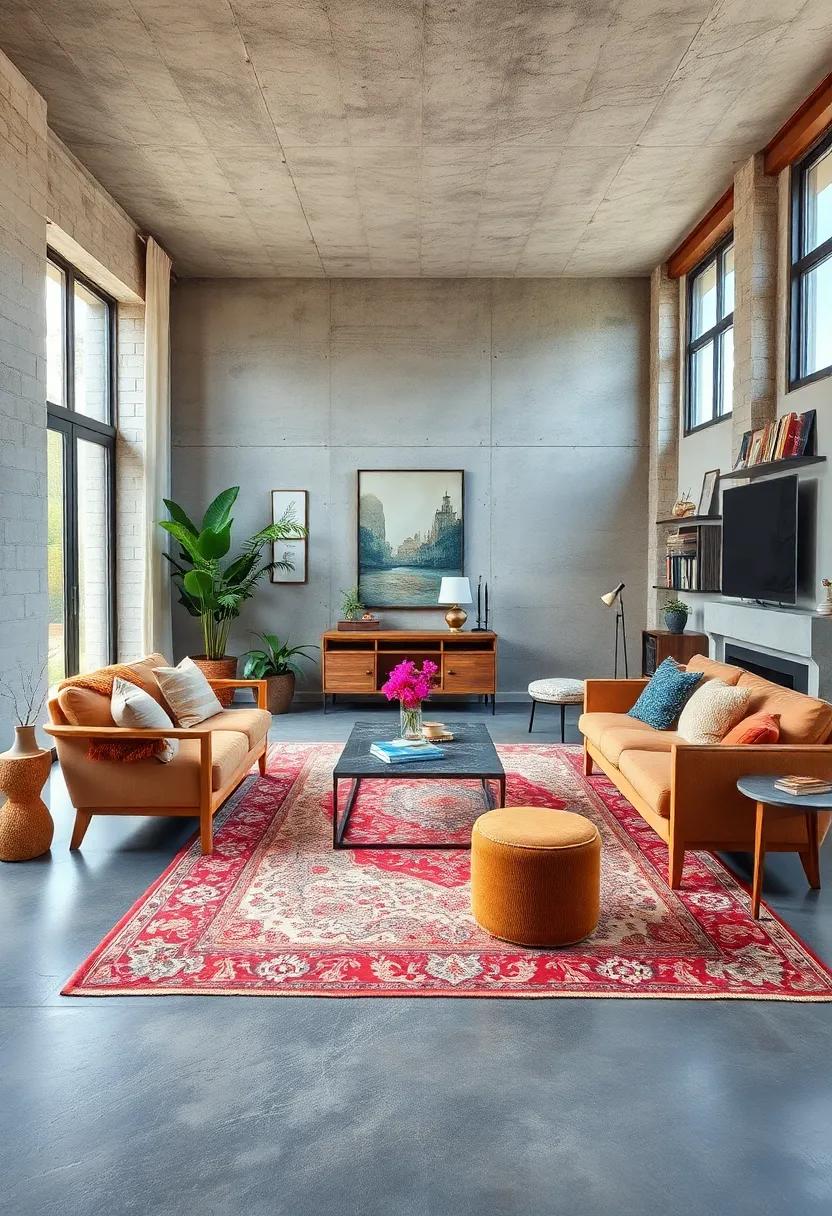 Use vintage rugs layered over polished concrete or hardwood floors to add depth