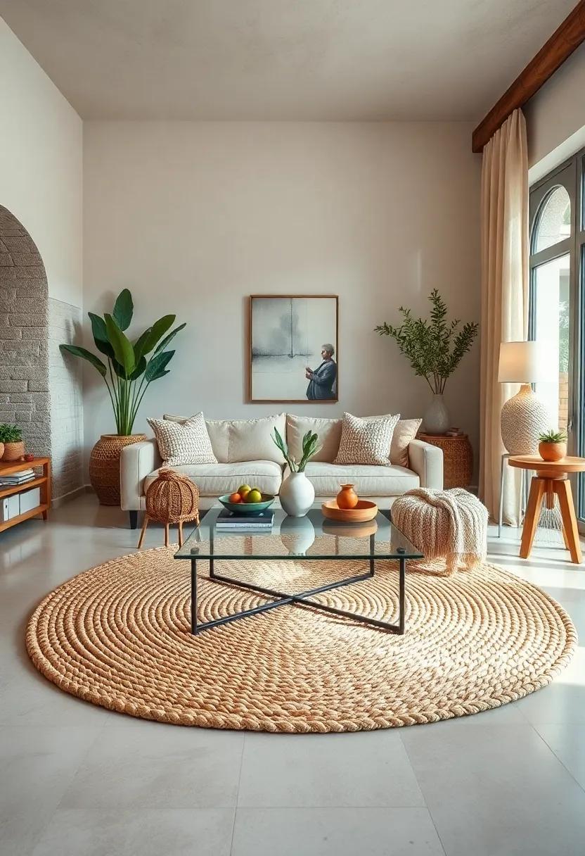Position a modern glass coffee table⁢ atop a braided jute rug for natural elegance
