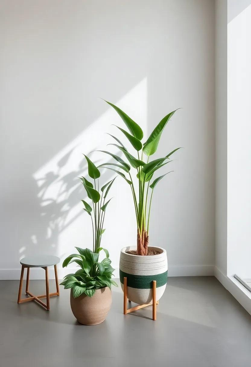 Position ​large indoor plants in eclectic pots to add height and freshness