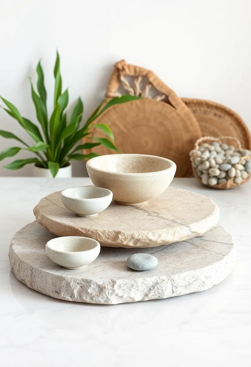 Incorporate stone bowls or trays as functional art with natural textures