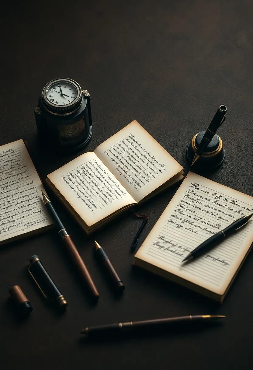 Antique Writing Instruments and Note-filled Journals ‍Set Against a Background ​of ‌Weathered Leather