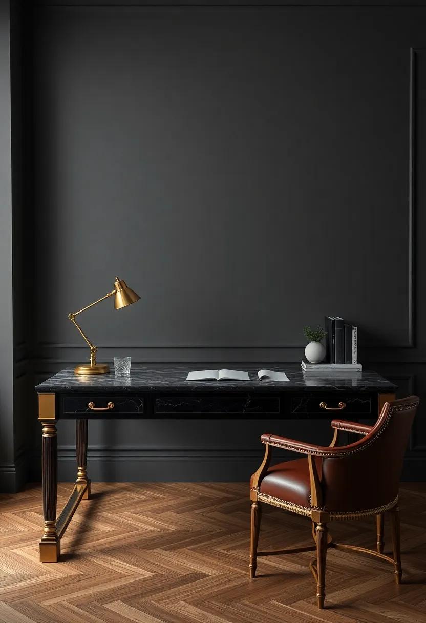 Dark Marble Desk Tops Paired with ​Brass ‍Detailing Invoking an Aura of Timeless Elegance and Authority