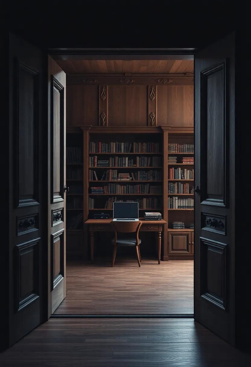 heavy Wooden Doors ⁢with Carved ⁣Details Opening into a Sanctuary ⁤of Old Books and quiet ‍Reverie