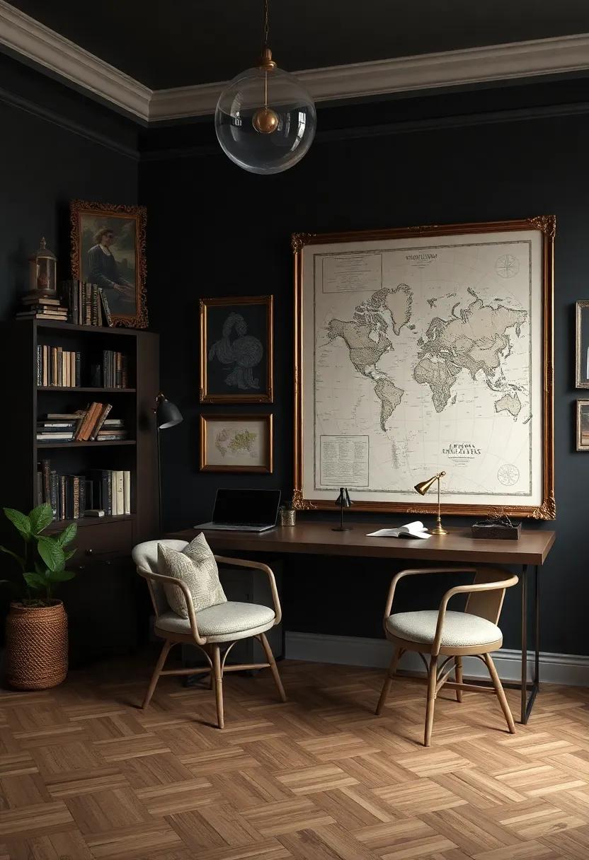 Walls Adorned with Aged Maps, Classic art Prints, and Ornate Frames to Capture Intellectual Charm