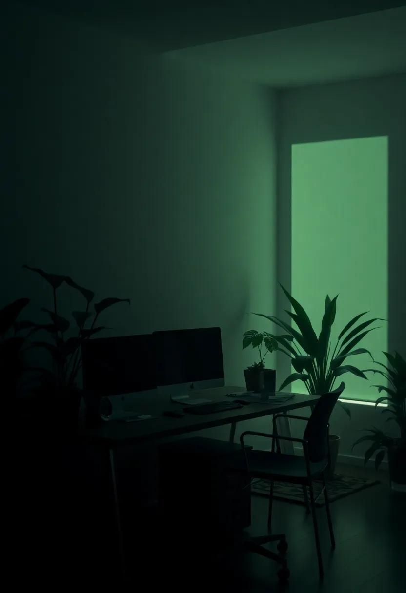 Mysterious⁣ Shadows Cast‍ by Towering Indoor Plants ⁤Creating a Lively Yet Somber Ambiance‌ for Thought