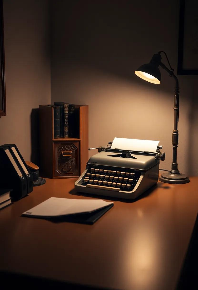 A Desk With a Classic Typewriter, glowing desk Lamp, and Hand Carved Wooden Details Inviting Reflection