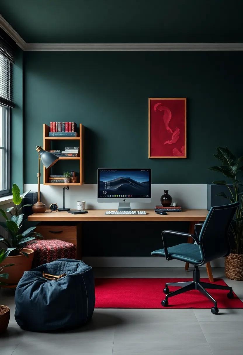 The Allure of Dark Green,‌ Burgundy, and Navy Blue Palettes blending Seamlessly in a ⁣Refined ‍Workspace