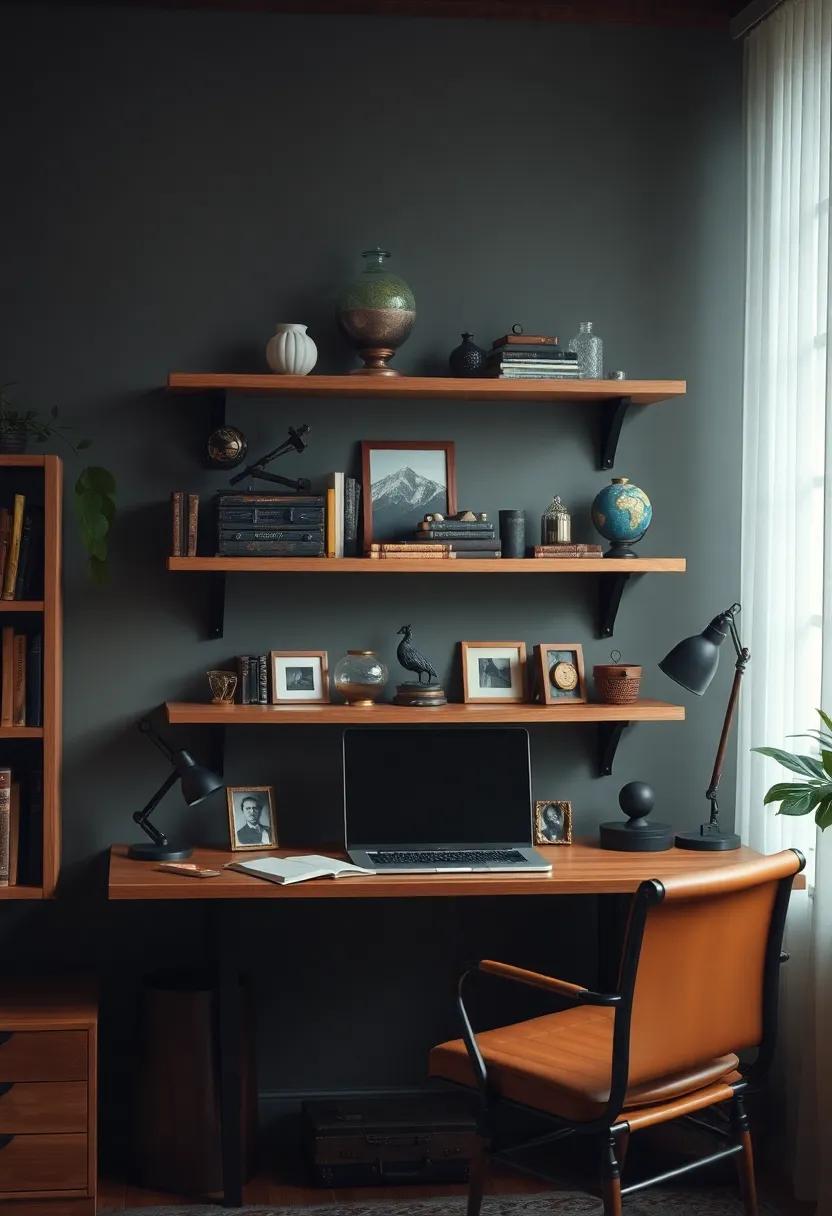 Browsing Through Curiosities and Vintage collectibles Displayed on Floating Shelves in Soft Focus Lighting