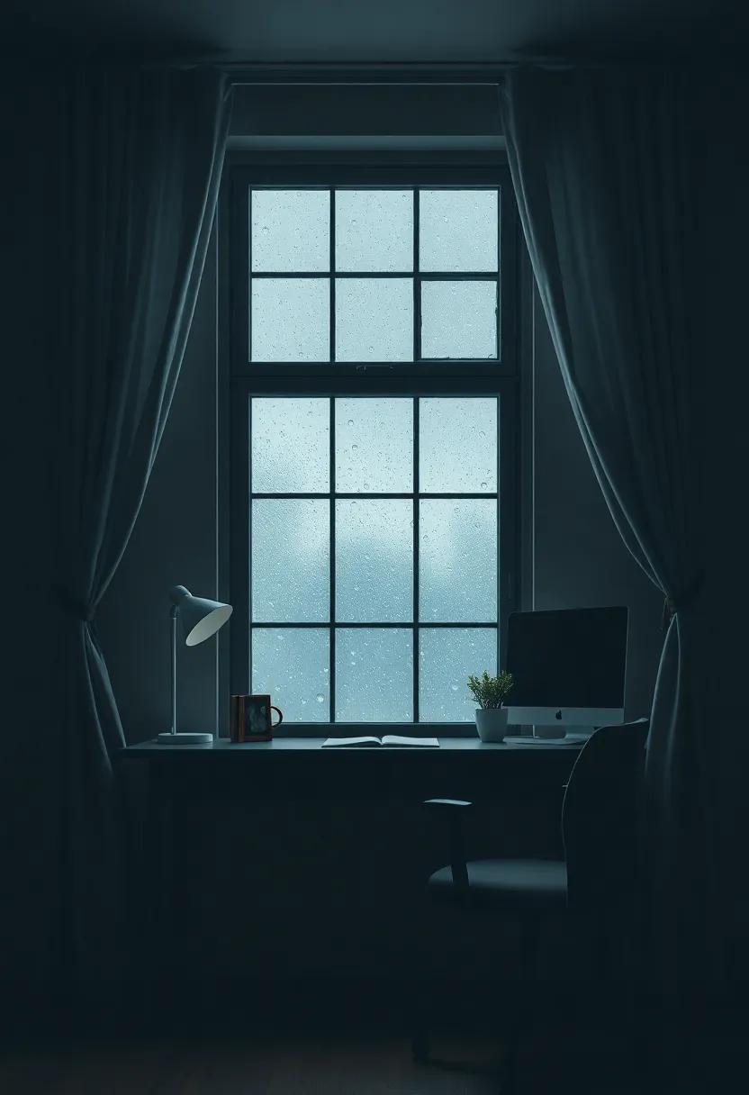 A​ Window Framed‌ by Heavy Drapes Revealing Rain-streaked‌ Panes and a Cozy, Reflective Mood