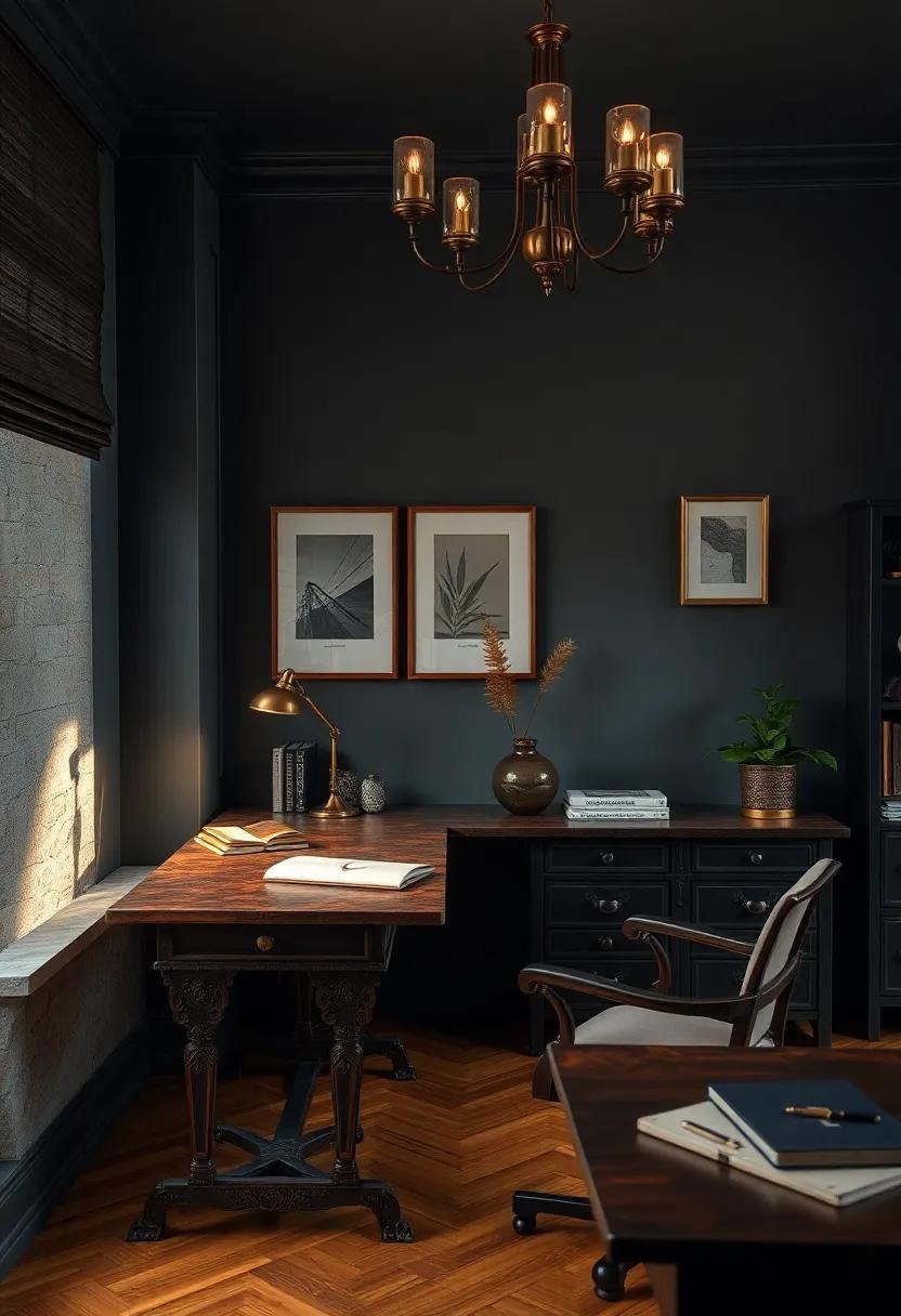 Timeless Elegance Captured in Dark Academia Home Offices with Richly Textured Vintage Desks and Antique accessories