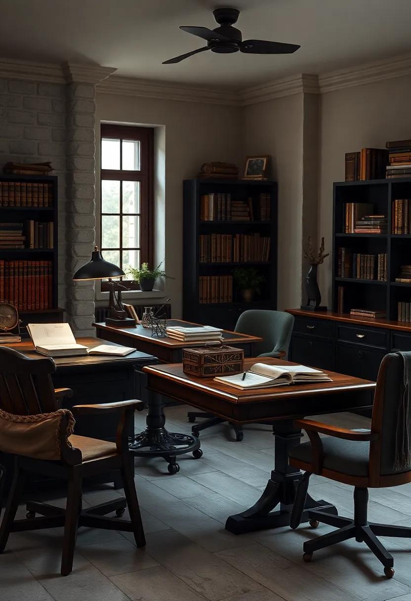 Warm Ambient Lighting Setting the Perfect mood for a Cozy Dark Academia Workspace Surrounded by Leather-Bound Books