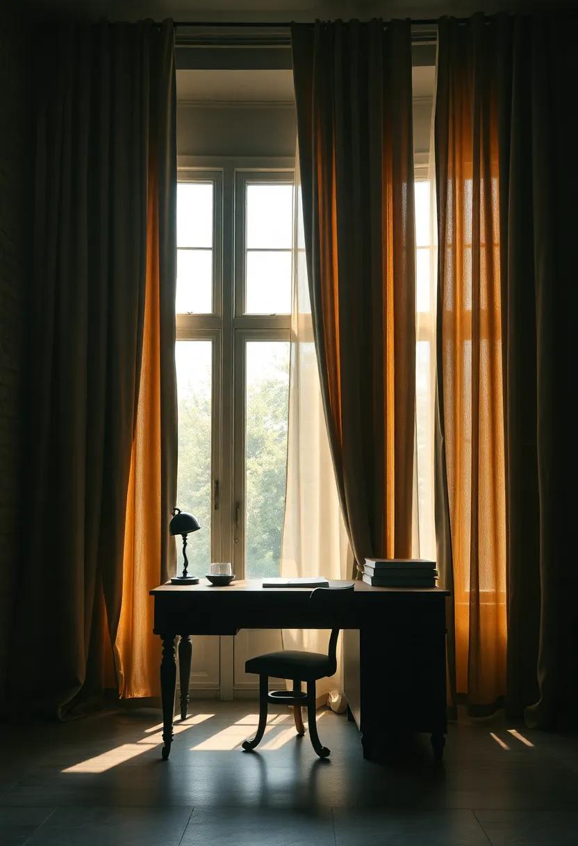 Velvet Drapes and Heavy Curtains Draped Over Tall windows Casting Moody Shadows Around a Vintage Desk Setup