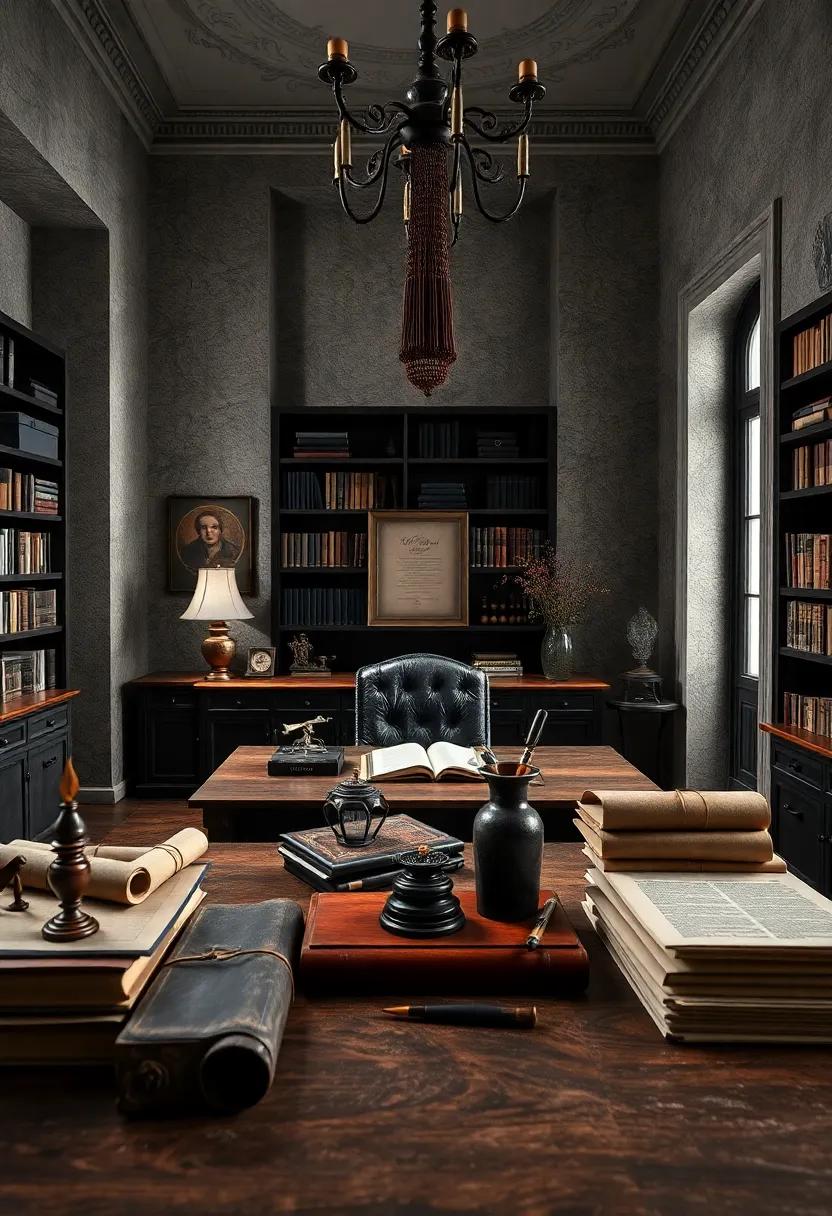 Classic Writing Nibs and Scrolls Arranged Artistically to Evoke the Essence of a Timeless Scholar’s Workspace