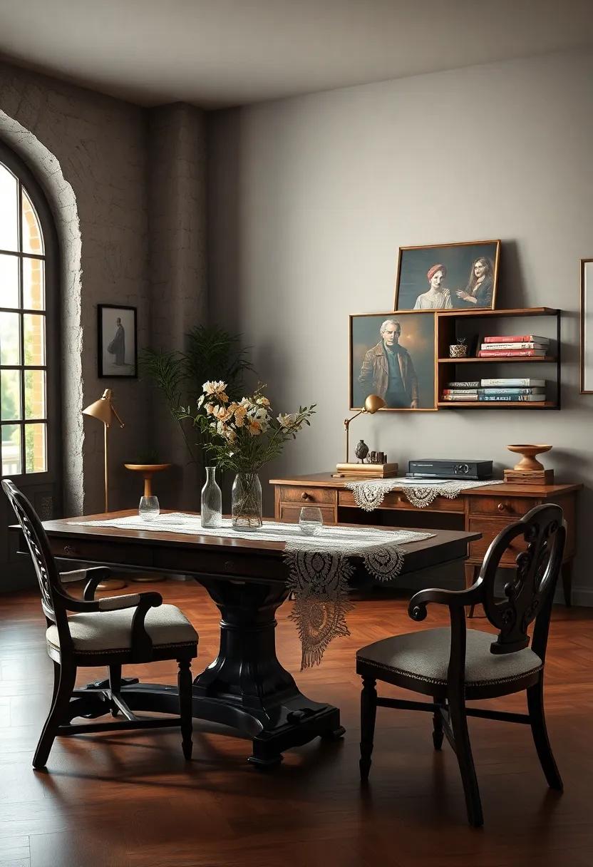 Delicate lace Table Runners and Embroidered fabric Accents Complementing the Old-World Charm of Vintage desks