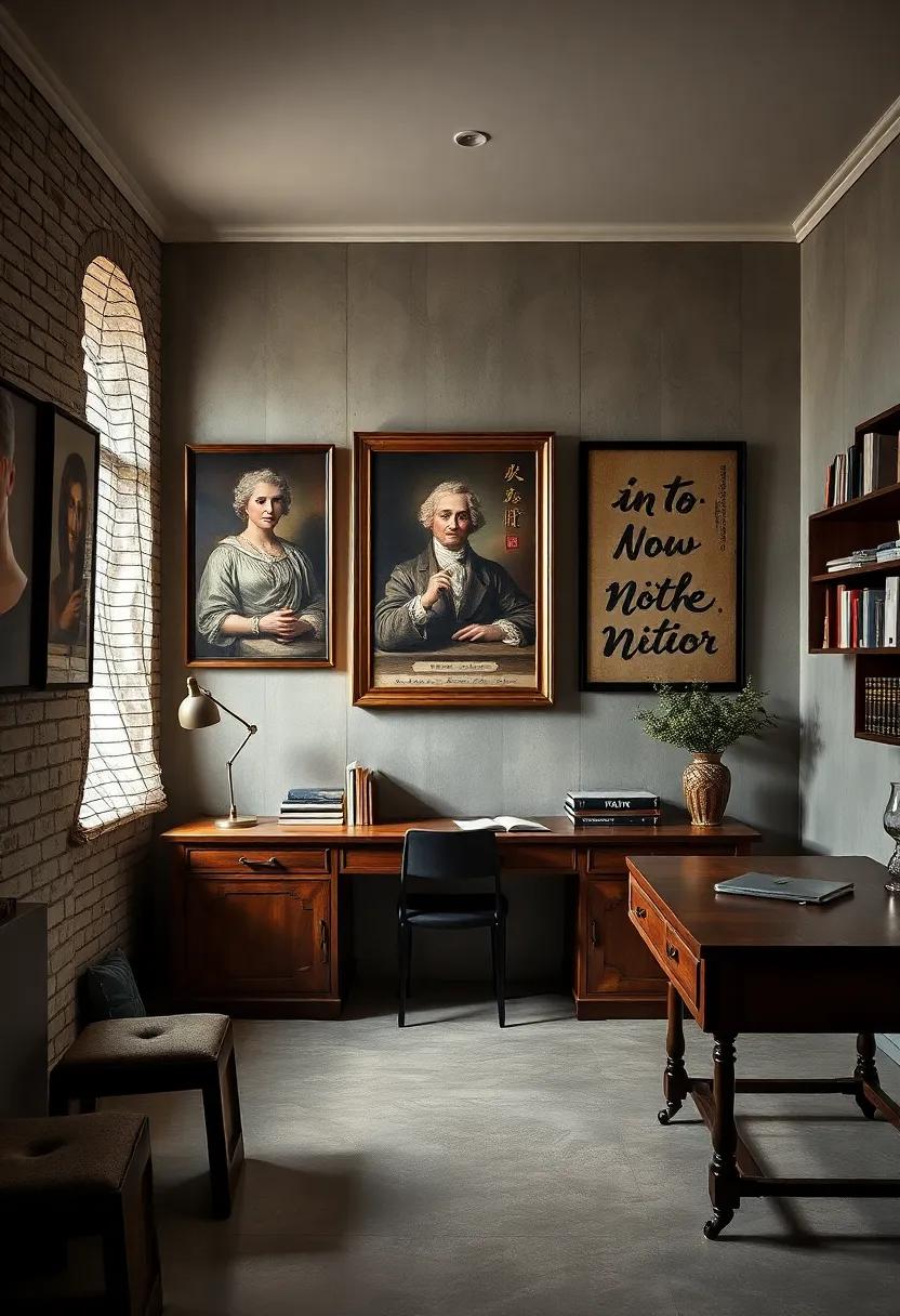 Intriguing Wall Art Featuring Classical portraits and Vintage Calligraphy Creating Intellectual ambiance