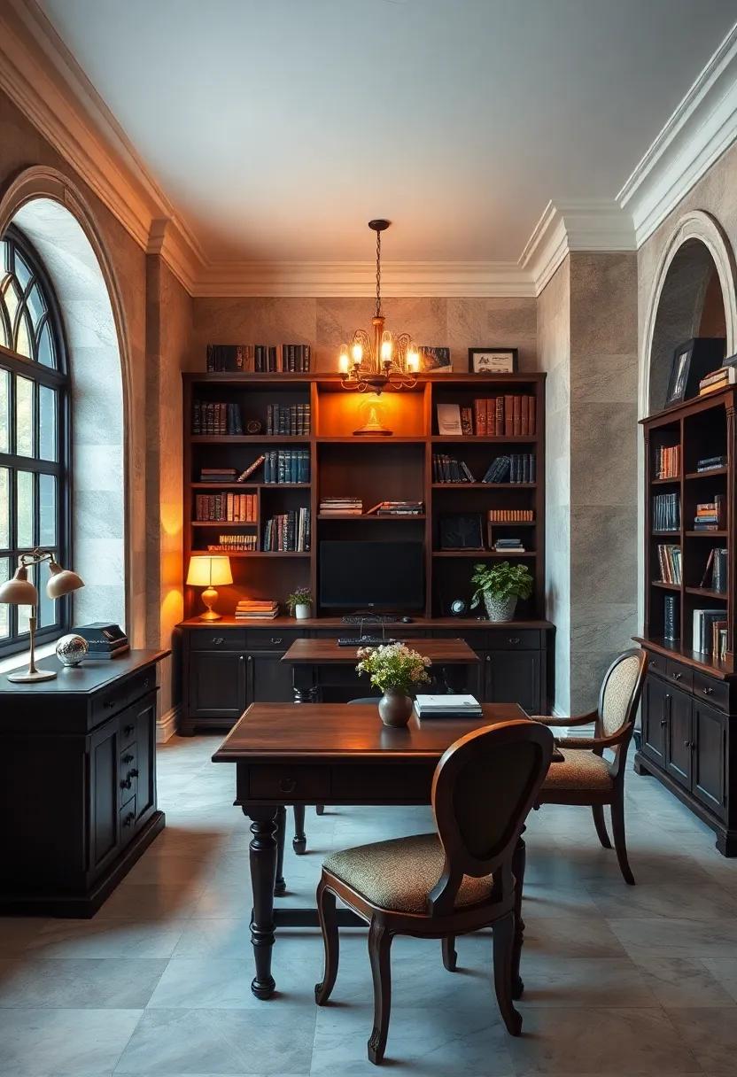 Subtle Hints of Gothic Architecture Through Wall Moldings and Arched Bookshelves Enhancing Dark Academia Vibes