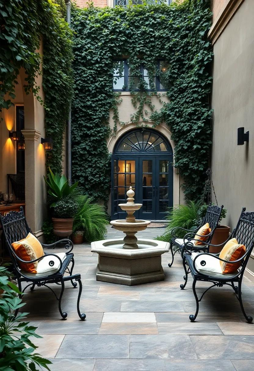 A secluded ivy-covered courtyard boasting elegantly curved ‍wrought iron benches framing ‍a stone fountain centerpiece