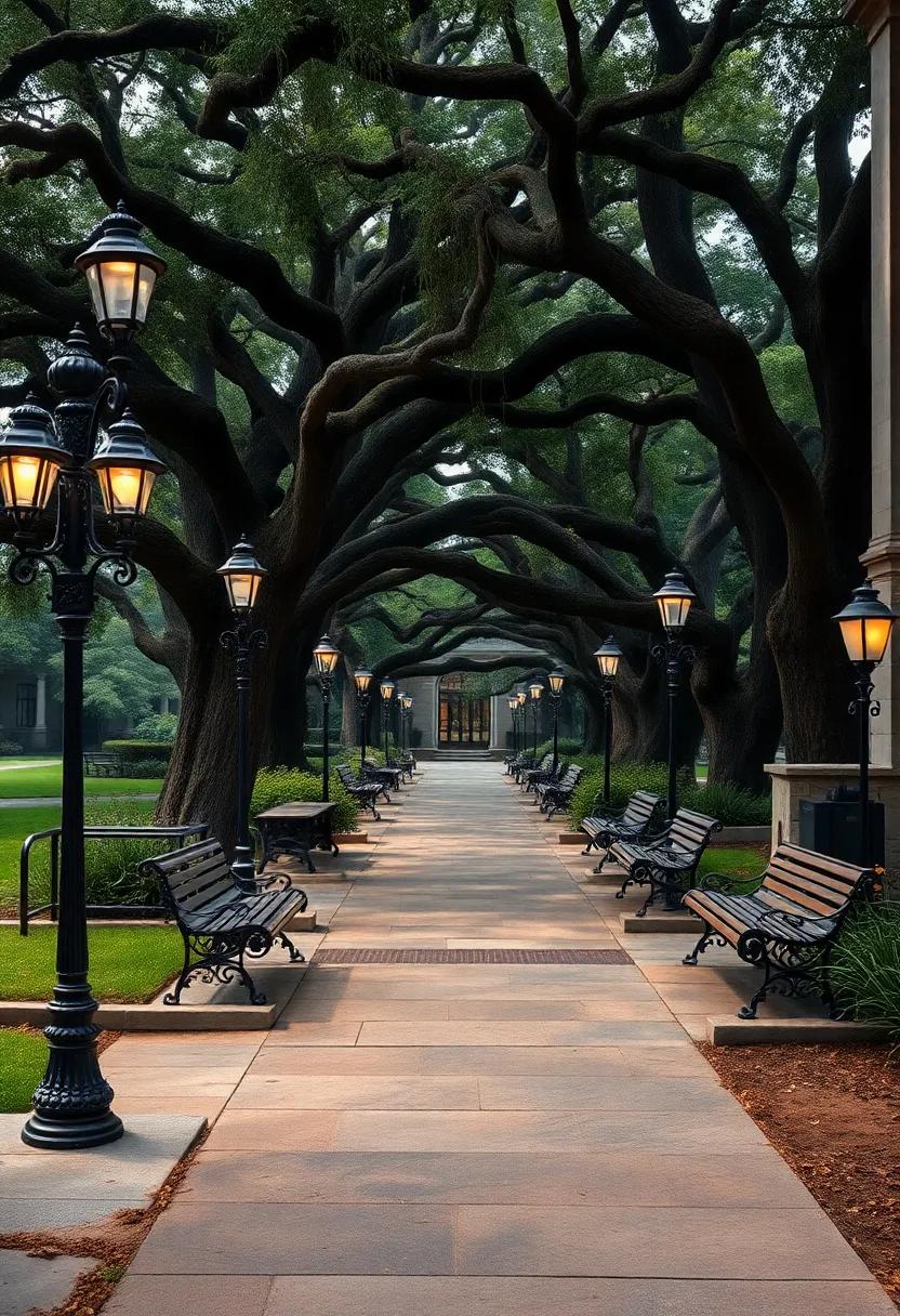 An old⁤ university garden path lined with intricate wrought iron lamp posts and matching park benches ⁤under towering oak trees