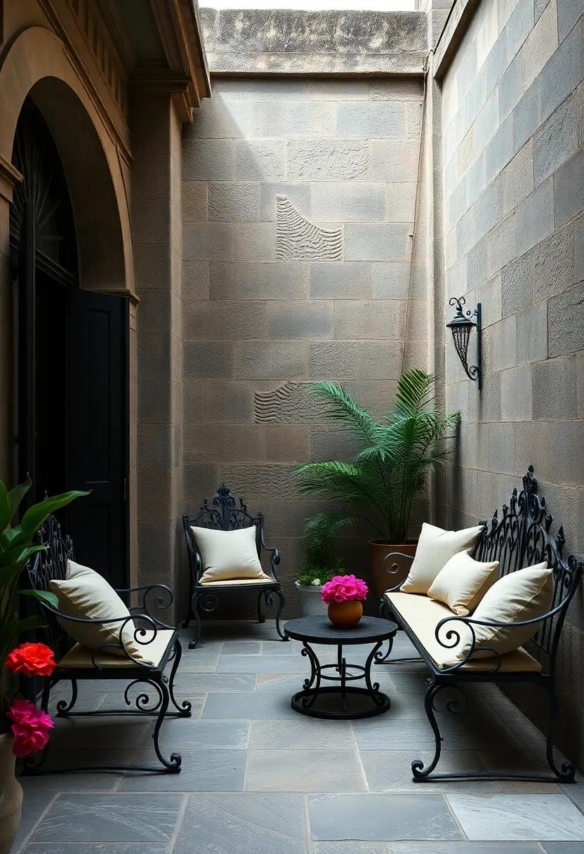 A quiet graveyard nook turned reflective space, furnished with wrought⁤ iron benches adorned with gothic motifs​ and ⁤soft cushions