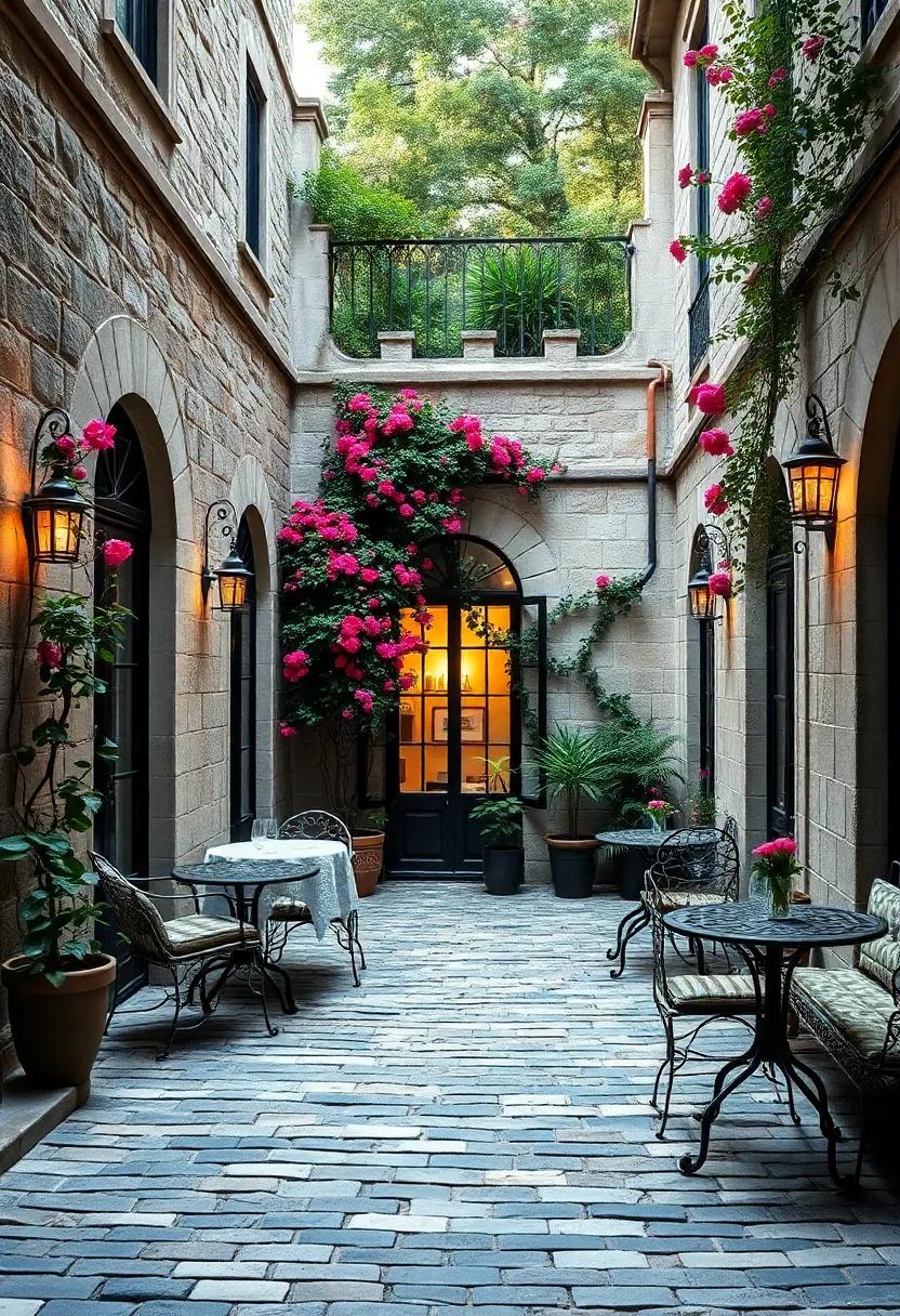 A cobblestone terrace with wrought⁤ iron bistro ​sets, shaded by climbing roses and ⁣creeping vines