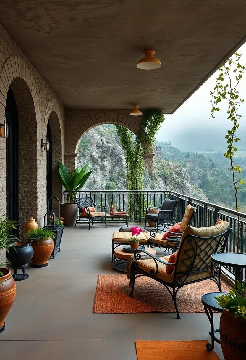 A perched cliffside patio where wrought iron reclining chairs‍ and footrests overlook misty hills ‍and wild ivy draping the railings
