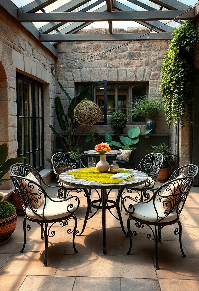 A⁣ vintage greenhouse patio‌ where wrought iron chairs⁢ encircle a ⁣moss-covered marble table, perfect ‍for afternoon reading
