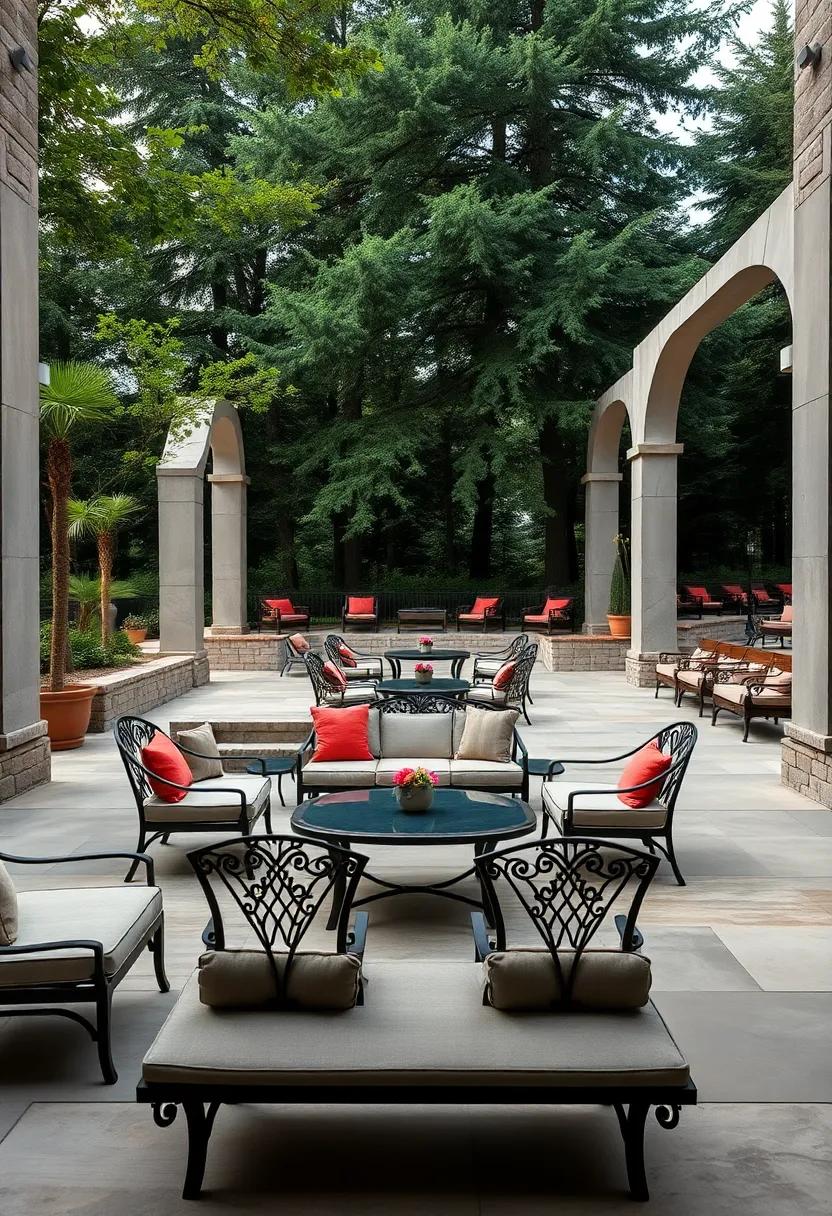 A heritage park with amphitheater-style wrought iron seating,⁢ nestled below a canopy ‌of dark evergreens