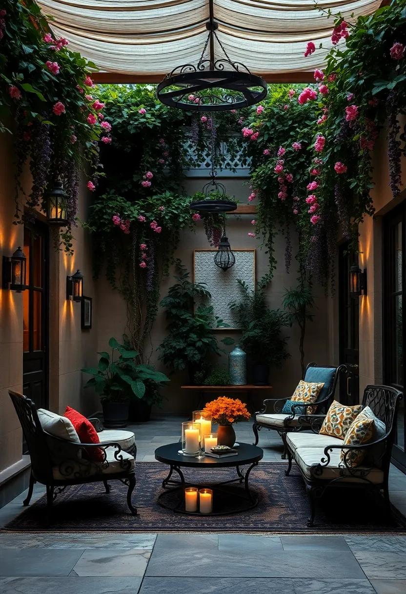 A candlelit courtyard encircled by wrought iron trellises, festooned⁢ with climbing nighttime flowering vines