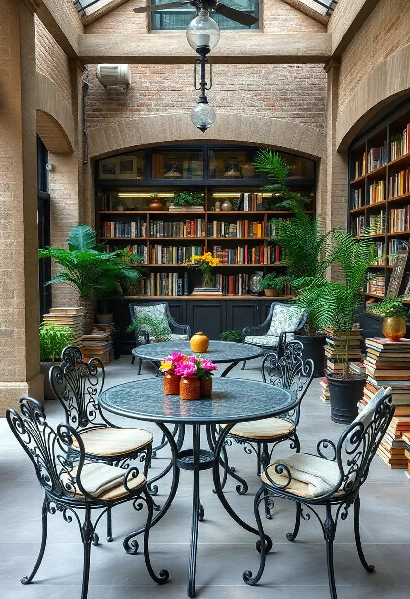 A⁢ vintage bookshop’s back garden furnished with delicate⁤ wrought iron tables and high-backed chairs, surrounded by stacked books and ferns