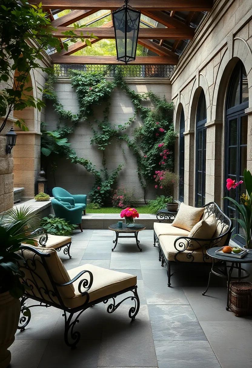 A forgotten ⁢Victorian-era sunken⁤ garden featuring wrought iron chaise ⁣lounges and ornate fencing‍ entwined with honeysuckle
