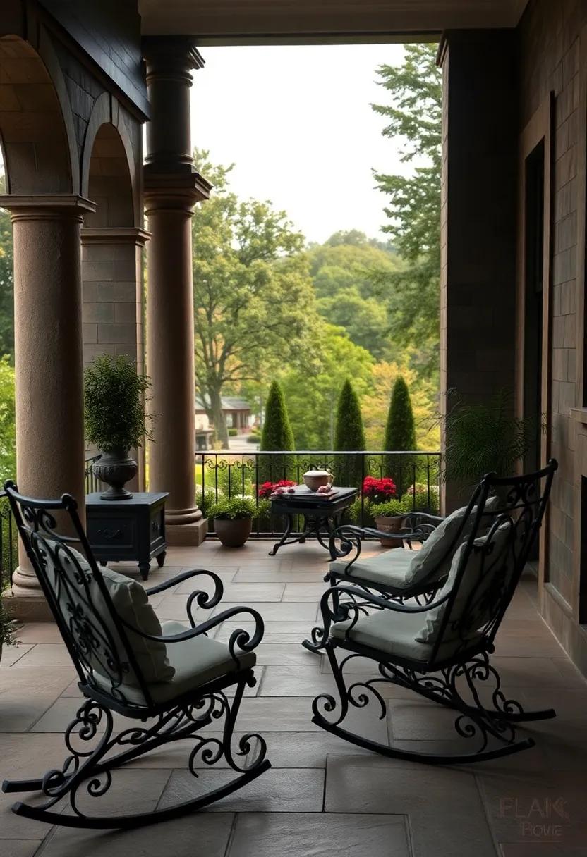 A historic mansion’s ⁤veranda outfitted with intricate wrought iron rocking chairs, offering a tranquil view of sprawling, shadowed gardens
