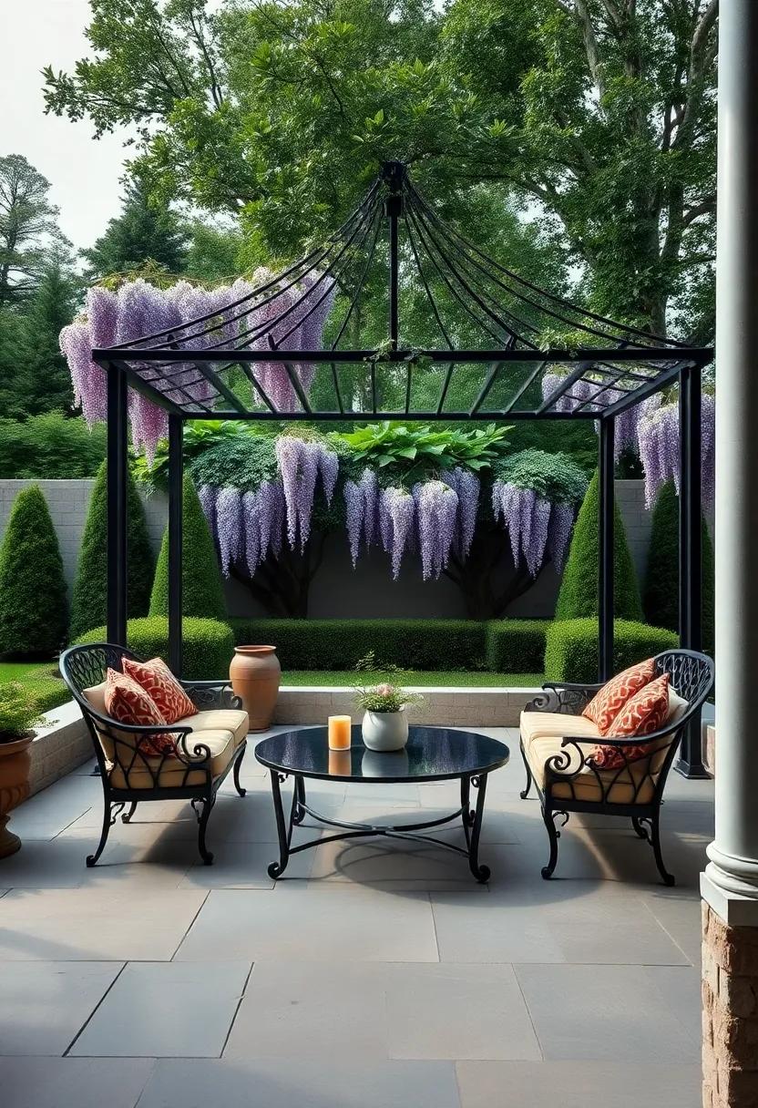 A sprawling estate garden with wrought iron gazebo seating sets, surrounded by blooming ⁢wisteria and neatly trimmed boxwoods
