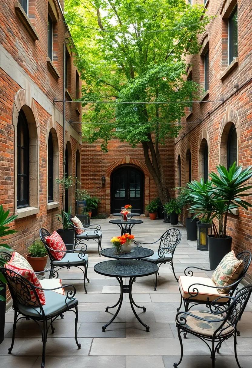 A university’s hidden⁤ courtyard where wrought iron cafe tables scatter beneath tall elms, surrounded by weathered brick walls