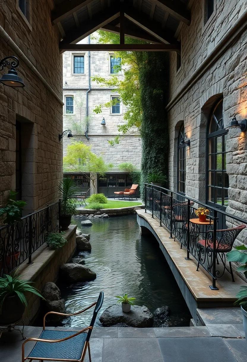 An old stone bridge​ crossing a​ slow stream, lined with wrought iron railings fashioned into scholarly designs