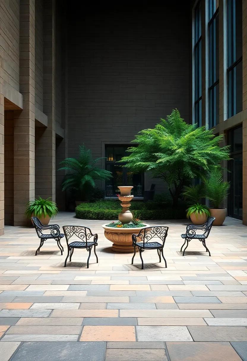 A⁣ university quad centerpiece with wrought iron park chairs⁤ spaced evenly on checkerboard stone ⁤paving