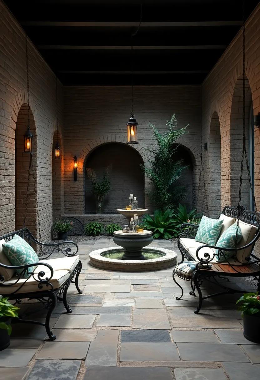 A hidden garden nook near a cobbled fountain with wrought iron swing ‍benches and lanterns hanging from iron posts